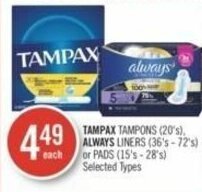 Shoppers Drug Mart TAMPAX TAMPONS (20's). ALWAYS LINERS (36's-72's) or PADS (15's-28's) offer
