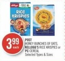 Shoppers Drug Mart POST HONEY BUNCHES OF OATS, KELLOGG'S RICE KRISPIES or PC CEREAL offer