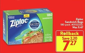 Walmart Ziploc Sandwich Bags 180 pack offer
