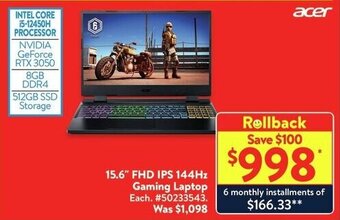 Walmart 15.6" FHD IPS 144Hz Gaming Laptop offer