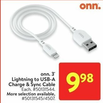 Walmart onn. 3' Lightning to USB-A Charge & Sync Cable offer