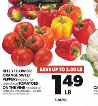 Real Canadian Superstore RED, YELLOW OR ORANGE SWEET PEPPERS OR TOMATOES ON THE VINE offer