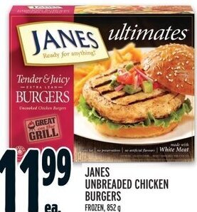 Metro JANES UNBREADED CHICKEN BURGERS FROZEN, 852g offer