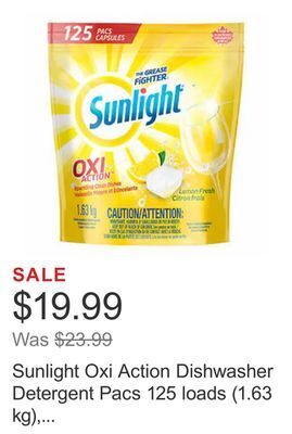 Costco Sunlight oxi action dishwasher detergent pacs 125 loads (1.63 kg), lemon fresh offer