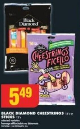 No Frills BLACK DIAMOND CHEESTRINGS 16'S or STICKS 12's offer