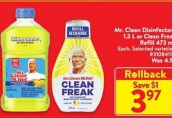 Walmart Mr. Clean Disinfectant 1.3 L or Clean Freak Refill 473 mL offer