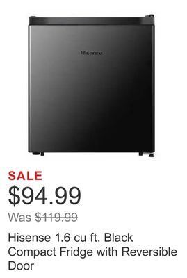 Costco Hisense 1.6 cu ft. black compact fridge with reversible door offer