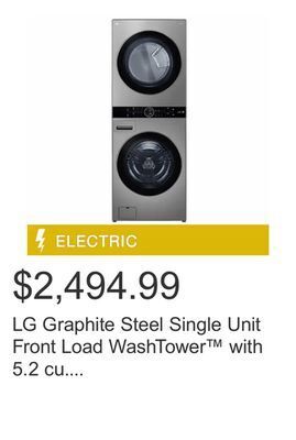Costco Lg graphite steel single unit front load washtower with 5.2 cu. ft. steam washer and 7.4 cu. ft. electric steam dryer offer