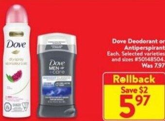 Walmart Dove Deodorant or Antiperspirant offer