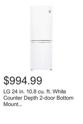 Costco Lg 24 in. 10.8 cu. ft. white counter depth 2-door bottom mount refrigerator with multi air-flow technology offer