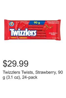 Costco Twizzlers twists, strawberry, 90 g (3.1 oz), 24-pack offer