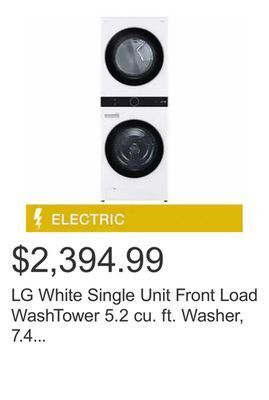 Costco Lg white single unit front load washtower 5.2 cu. ft. washer, 7.4 cu. ft. electric dryer offer
