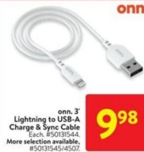 Walmart onn. 3 Lightning to USB-A Charge & Sync Cable offer