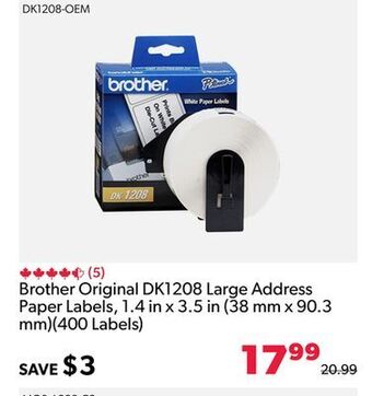 Shopper+ Brother original dk1208 large address paper labels, 1.4 in x 3.5 in (38 mm x 90.3 mm)(400 labels) offer