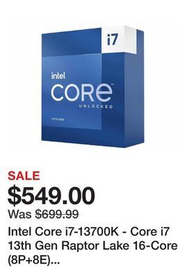 Newegg Intel core i7-13700k - core i7 13th gen raptor lake 16-core (8p+8e) p-core base frequency: 3.4 ghz e-core base frequency: 2.5 offer