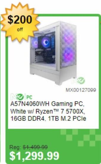 Memory Express A57N4060WH Gaming PC, White w/ Ryzen 7 5700X, 16GB DDR4, 1TB M.2 PCIe offer