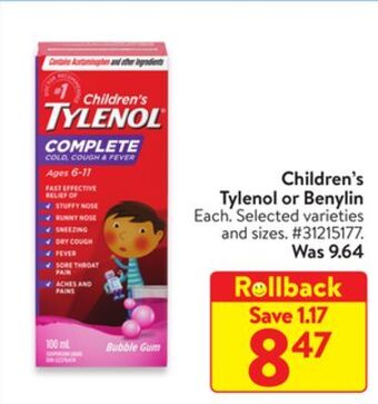 Walmart Children's tylenol or benylin offer