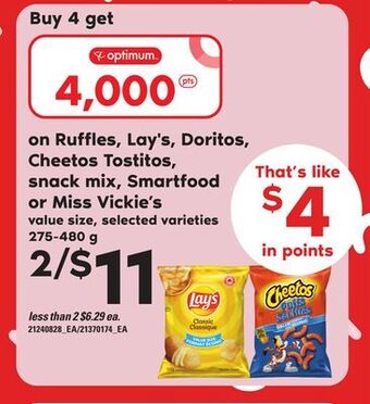 Loblaws Ruffles, lay's, doritos, cheetos tostitos, snack mix, smartfood or miss vickie's, 275-480 g offer