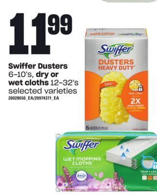 Loblaws Swiffer dusters 6-10's, dry or wet cloths 12-32's offer