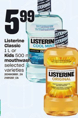 Loblaws Listerine classic, 1 l or kids, 500 ml mouthwash offer