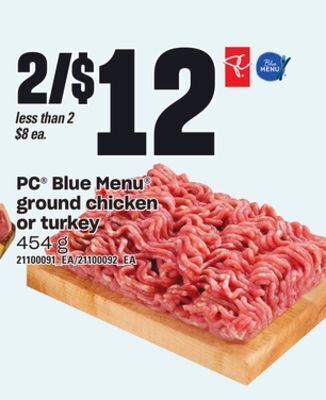 Loblaws Pc blue menu ground chicken or turkey, 454 g offer