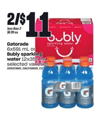 Loblaws Gatorade, 6x591 ml or bubly sparkling water, 12x355 ml offer