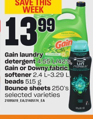 Loblaws Gain laundry detergent 4.55 l/42's, gain or downy fabric softener 2.4 l-3.29 l, beads 515 g bounce sheets 250's offer