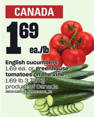 Loblaws English cucumbers or greenhouse tomatoes on the vine offer