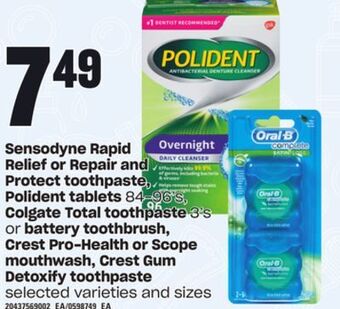 Loblaws Sensodyne rapid relief or repair and protect toothpaste, polident tablets, 84-96's, colgate total toothpaste, 3's or battery offer