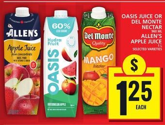 Food Basics Oasis juice or del monte nectar or allen's apple juice offer