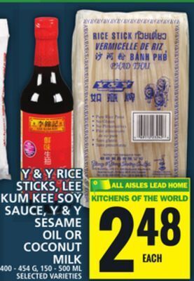Food Basics Y & y rice sticks, lee kum kee soy sauce, y & y sesame oil or coconut milk offer