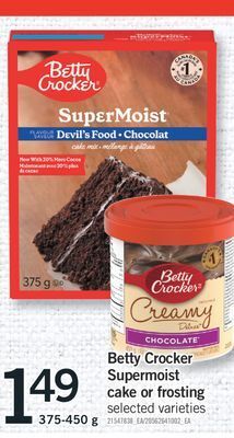 Fortinos Betty crocker supermoist cake or frosting cake, 375-450 g offer