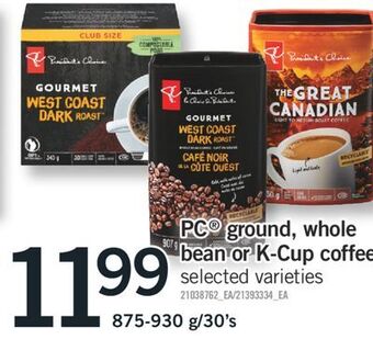 Fortinos Pc ground, whole bean or k-cup coffee, 875-930 g/30's offer