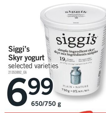 Fortinos Siggi's skyr yogurt, 650/750 g offer