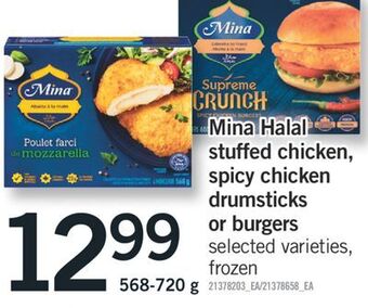 Fortinos Mina halal stuffed chicken, spicy chicken drumsticks drumsticks or burgers, 568-720 g offer
