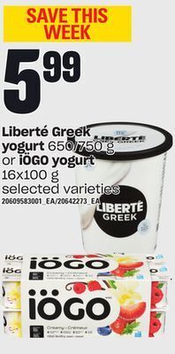 Independent Grocer Liberté greek yogurt 650/750 g or iögo yogurt 16x100 g offer