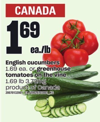 Independent Grocer English cucumbers or greenhouse tomatoes on the vine offer