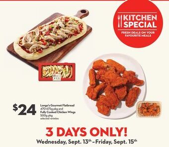 Longo's Longo's gourmet flatbread 470-675g pkg and fully cooked chicken wings 500g pkg offer