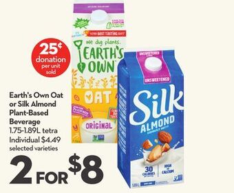 Longo's Earth's own oat or silk almond plant-based beverage offer