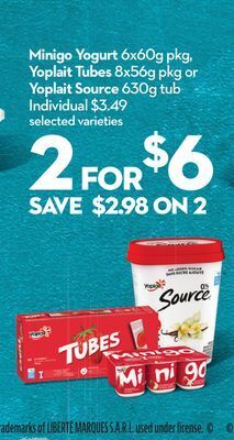 Longo's Minigo yogurt 6x60g pkg, yoplait tubes 8x56g pkg or yoplait source 630g tub offer
