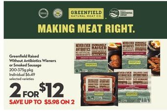 Longo's Greenfield raised without antibiotics wieners or smoked sausage offer