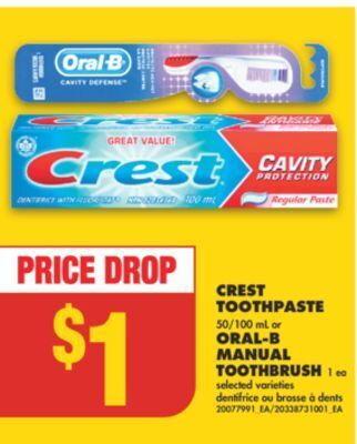 No Frills Crest toothpaste, 50/100 ml or oral-b manual toothbrush, 1 ea offer