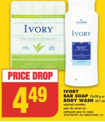 No Frills Ivory bar soap, 10x90 g or body wash, 621 ml offer