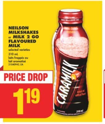 No Frills Neilson milkshakes or milk 2 go flavoured milk, 310 ml offer