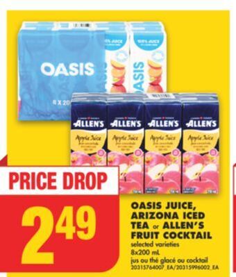 No Frills Oasis juice, arizona iced tea or allen's fruit cocktail, 8x200 ml offer