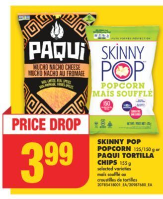 No Frills Skinny pop popcorn, 125/150 g or paqui tortilla chips, 155 g offer