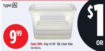 Canadian Tire Type a 39l clear tote offer