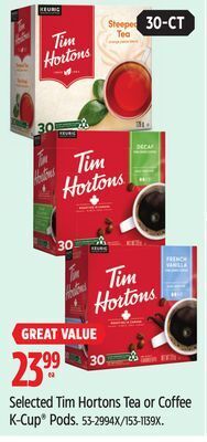Canadian Tire Keurig selected tim hortons tea or coffee k-cup pods offer