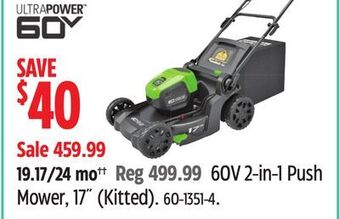Canadian Tire Greenworks 60v 2-in-1 push mower, 17 (kitted) offer