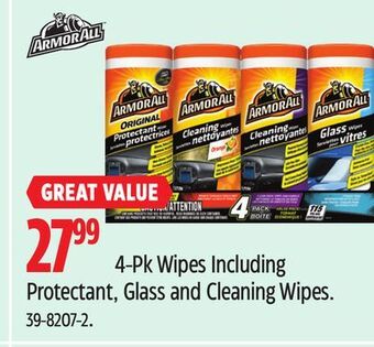 Canadian Tire Armor all 4-pk wipes including protectant, glass and cleaning wipes offer